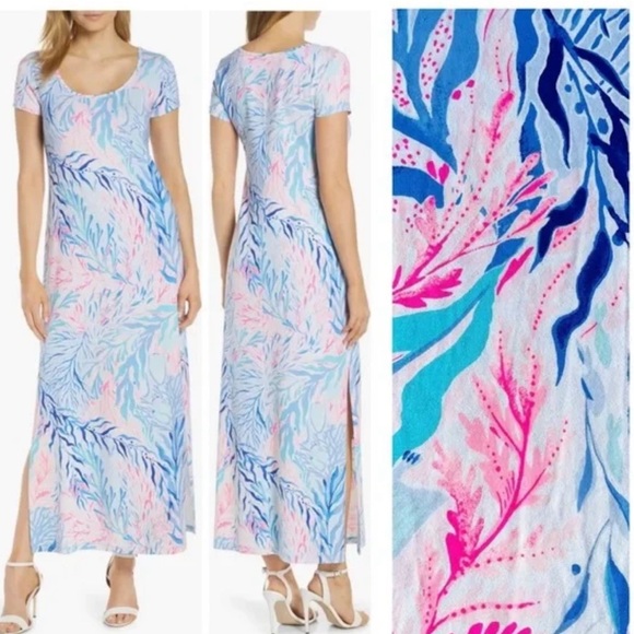 Lilly Pulitzer Wynne Maxi Dress in Crew Blue Tint Kaleidoscope Coral, Large. - Picture 2 of 11